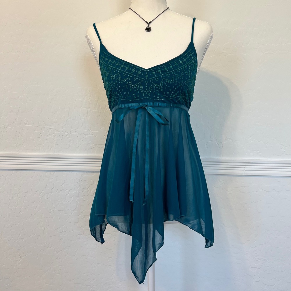 vintage charlotte russe beaded babydoll fairy tank top with handkerchief hem